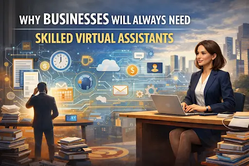 An image of a woman on her laptop sat at a desk with a man stood at a desk on her left.