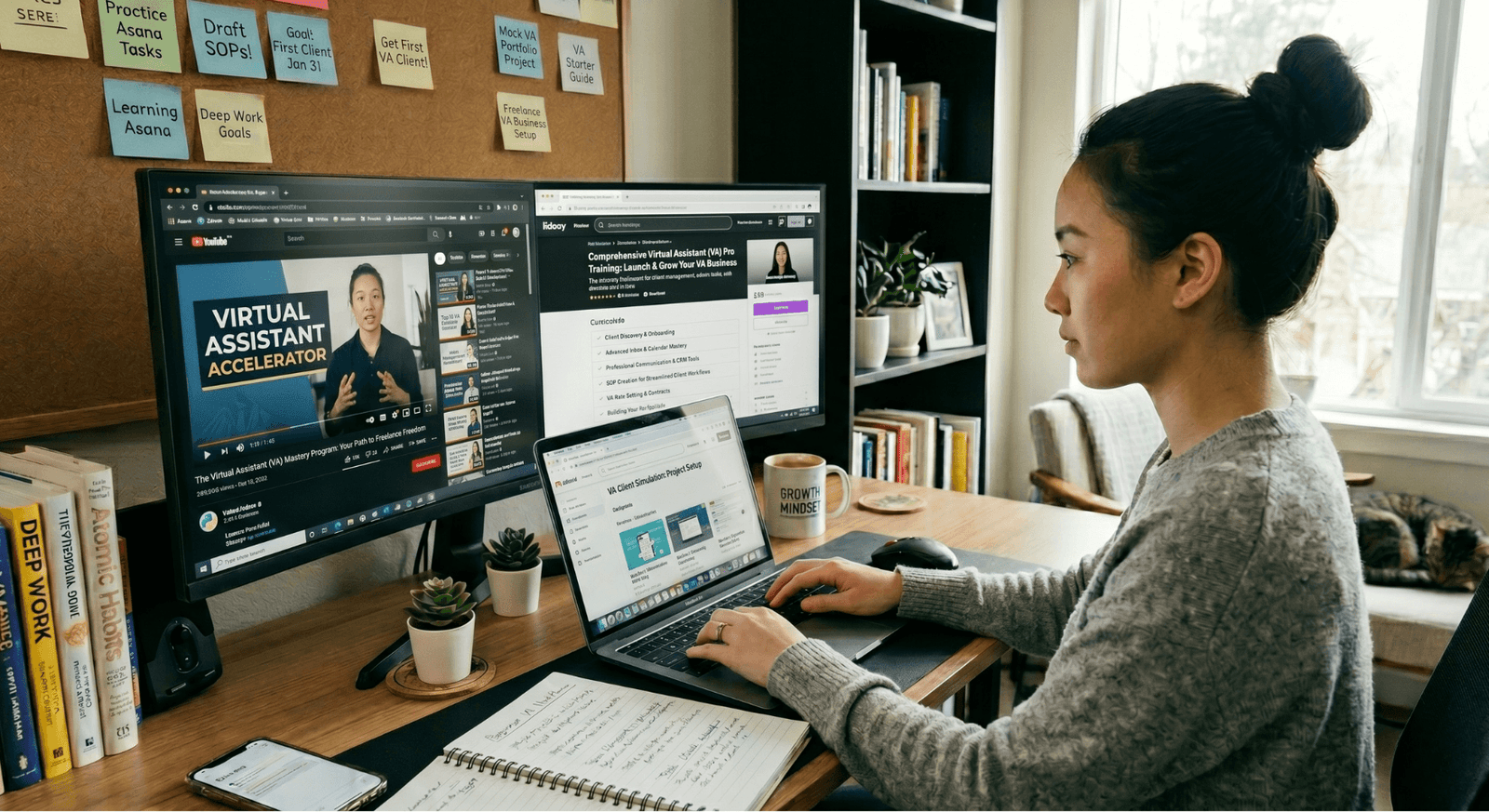 Virtual assistant learning new remote work and productivity skills online