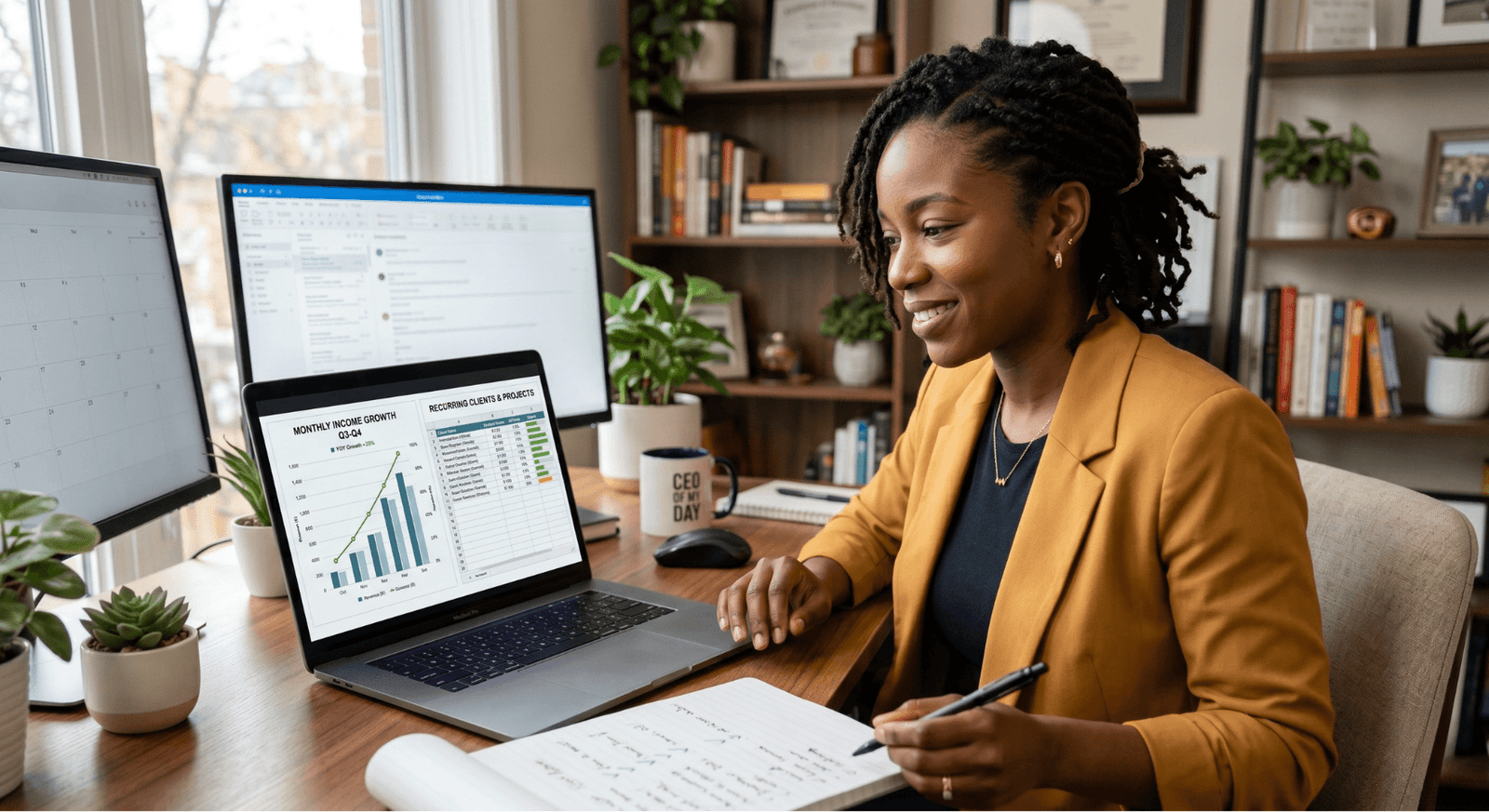 Virtual assistant tracking income growth and client projects